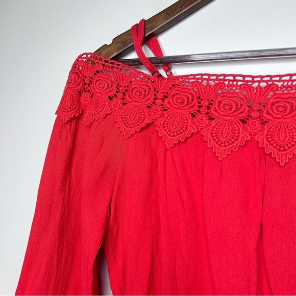 H&M Off-the-shoulder Peasant Blouse Viscose Lace Trim Bright Red Medium - Picture 7 of 12